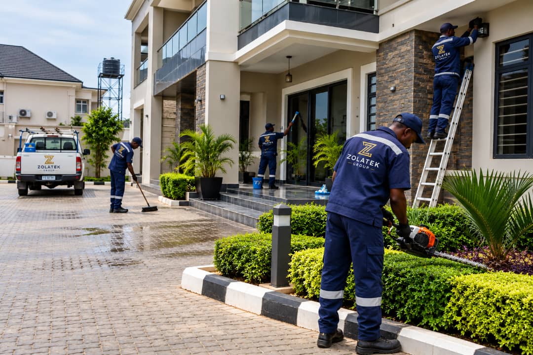 Facility team maintaining a landscaped commercial property