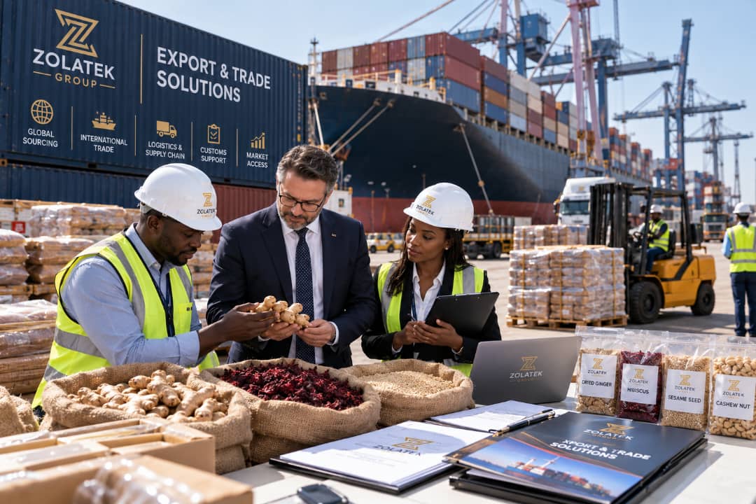 Zolatek trade team reviewing produce at a container port