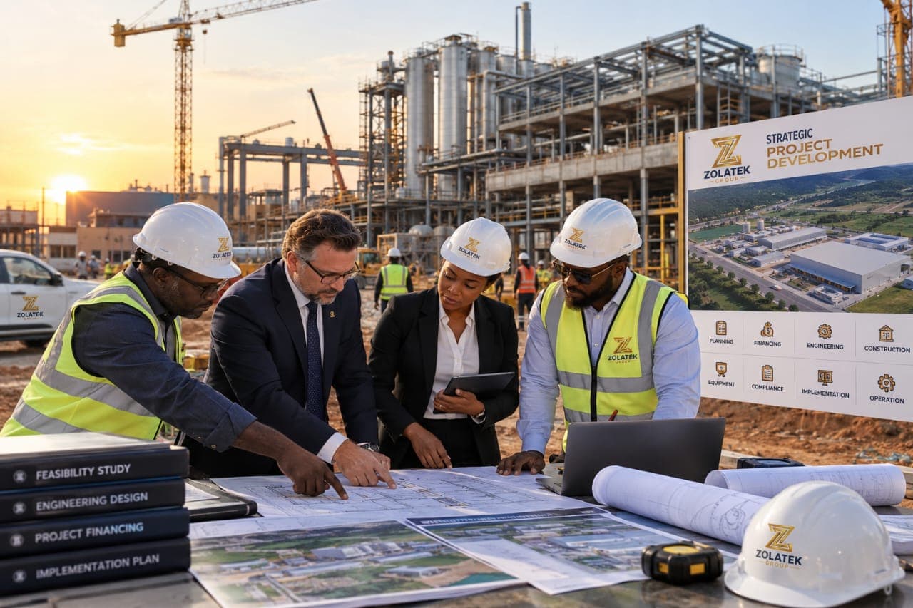Project team reviewing plans at an industrial development site
