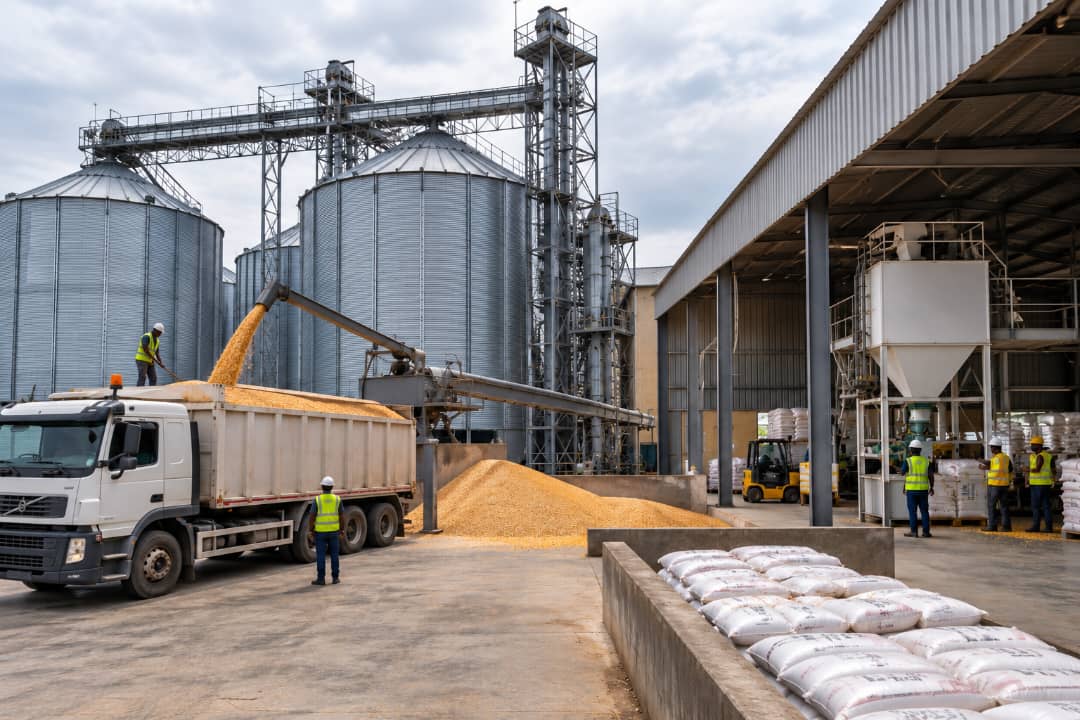 Grain handling facility with silos, loading equipment, and workers