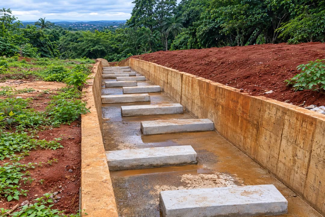 Concrete drainage steps through a planted site