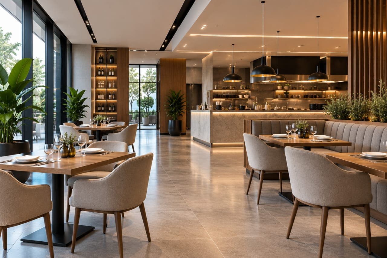 Finished restaurant interior with coordinated seating and service areas